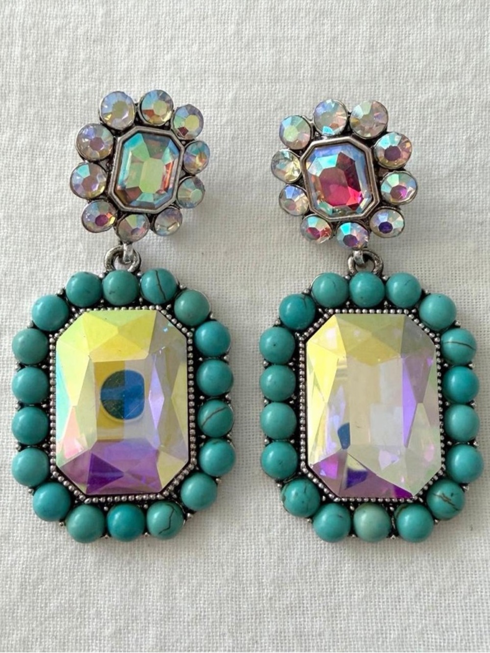 Statement Turquoise & Rhinestone Dangle Earrings - Picture 2 of 6